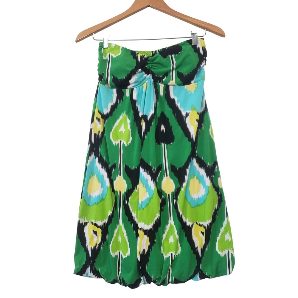Y2K Strapless Bubble Hem Dress Green Ikat Stretch Mini Boho Tropical Resortwear